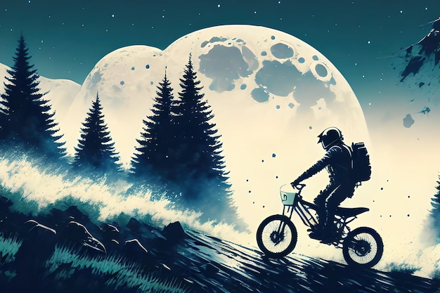 Astronaut, der bmx-Grafik mit mondisoliertem hellem Farbdesign reitet