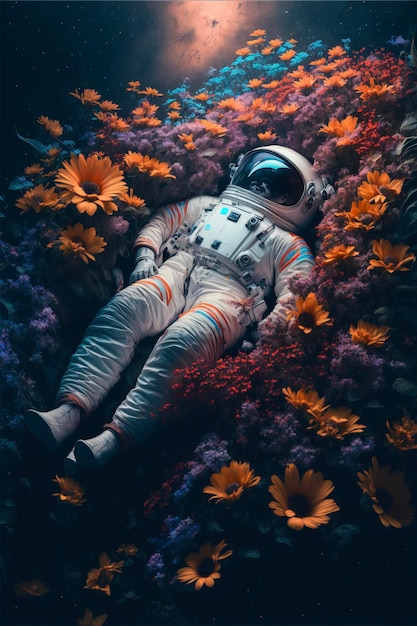 Astronaut, der in Blumen legt