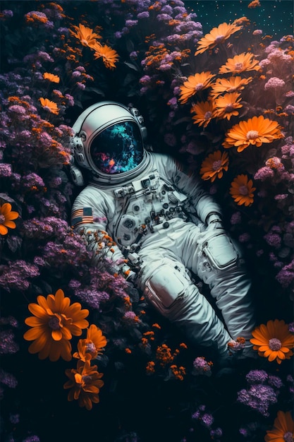 Astronaut, der in Blumen legt