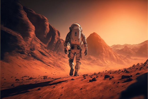 Astronaut erkundet den Planeten Mars mit Bergen, die mit generativer KI-Technologie erstellt wurden