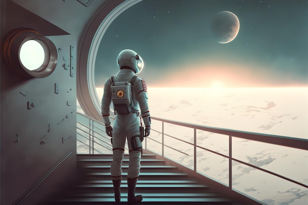 Astronaut geht auf einer futuristischen Treppe dem Licht entgegen