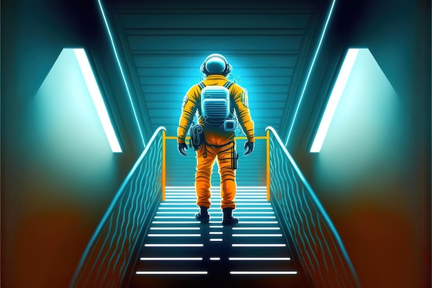 Astronaut geht auf einer futuristischen Treppe dem Licht entgegen