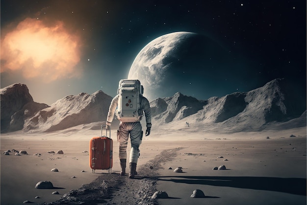 Foto astronaut geht mit einem koffer mitten auf einem unbekannten planeten