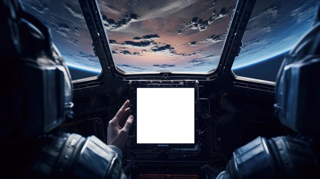 Astronaut hält ein Tablett-Mockup in einem Raumschiff