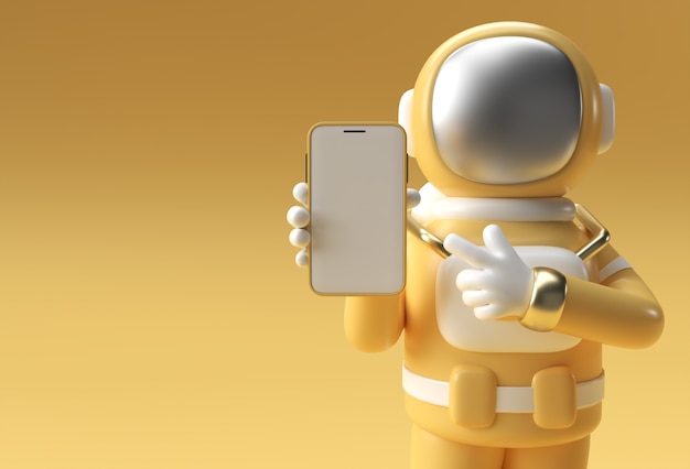 Astronaut Hand zeigt Finger Smartphone leere Bildschirmvorlage. abstraktes trendiges modisches Modell. 3D-Rendering einer leeren Handy-App.