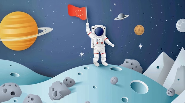 Astronaut hebt eine Flagge auf dem Mond mit einem Raumfahrzeug in Papierkunststil