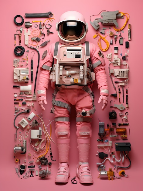 Astronaut im Knolling-Bildstil auf rosa Hintergrund