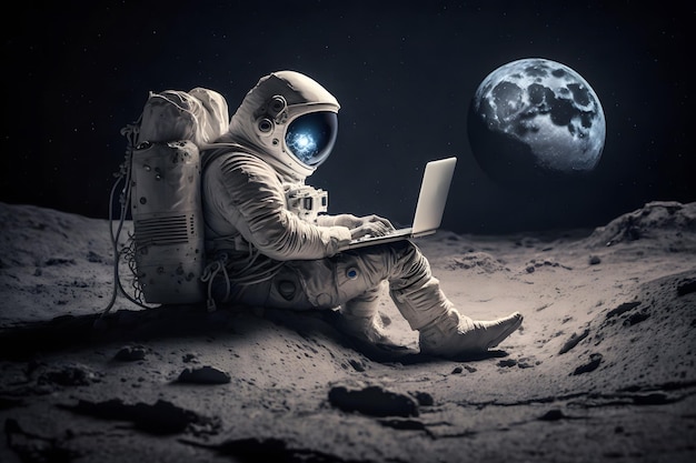 Astronaut im Weltraum arbeitet an einem Laptop. Neuronales Netzwerk, KI generiert