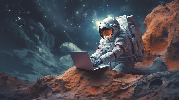 Astronaut im Weltraum mit Laptop