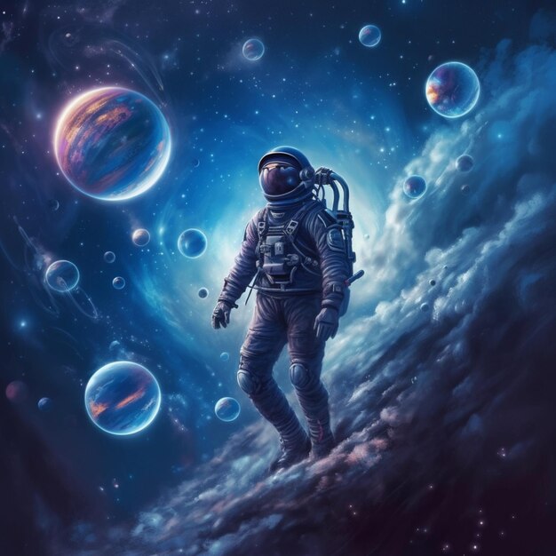 Astronaut im Weltraum mit Planeten und Sternen im Hintergrund