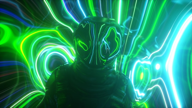 Astronaut in der vierten Dimension. Neonumgebung und helle Streifen. Science-Fiction-3D-Darstellung