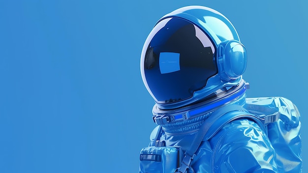 Astronaut in einem blauen Raumanzug mit blauem Hintergrund Der Astronaut schaut nach links im Bild