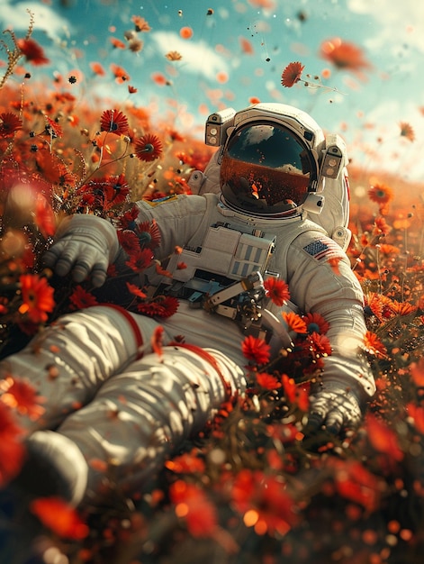 Astronaut in einem Blumenfeld mit einem blauen Himmel im Hintergrund generative ai