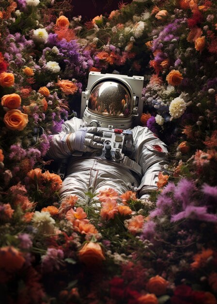 Astronaut in einem Feld von Blumen generative ai