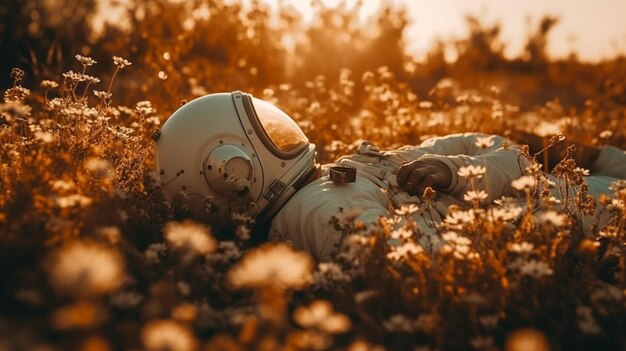 Astronaut in einem Feld von Blumen mit einem Helm auf generativer Ai