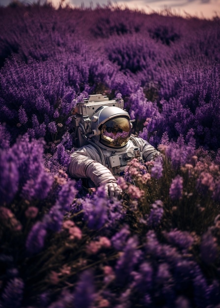 Astronaut in einem Feld von lila Blumen generative ai