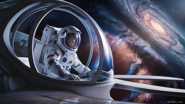 Astronaut in einem futuristischen Raumschiff beobachtet den Weltraum durch ein großes Fenster Elemente dieses Bildes furn