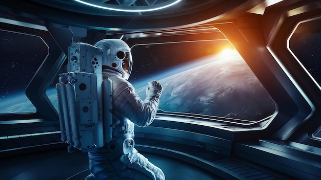 Astronaut in einem futuristischen Raumschiff beobachtet den Weltraum durch ein großes Fenster Elemente dieses Bildes furn