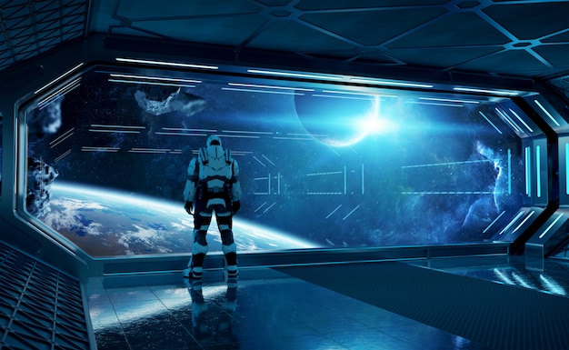 Astronaut in einem futuristischen Raumschiff beobachtet den Weltraum durch ein großes Fenster