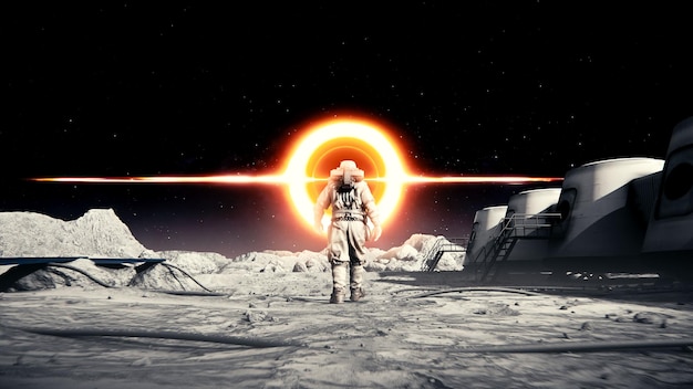 Astronaut in einem Raumanzug, der auf der Oberfläche des Mondes in Richtung des schwarzen Lochs geht