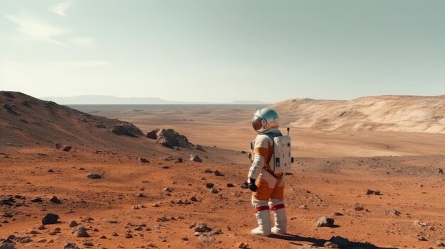 Astronaut in einem Raumanzug steht auf dem Mars, die Erde sichtbar am Horizont, die Weite des Weltraums.