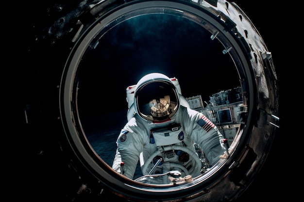 Astronaut in einer Raumstation mit schwarzem Hintergrund.