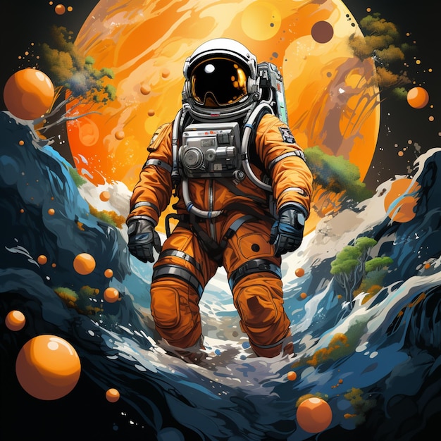 Astronaut in orangefarbenem Raumanzug, der durch eine Welle von Wasser geht