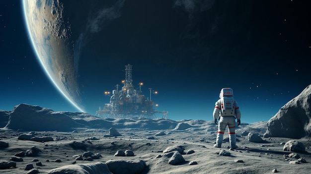 Astronaut_in_space_suit_walking_on_MoonsuFondo de pantalla HD 8K Imagen fotográfica de stock