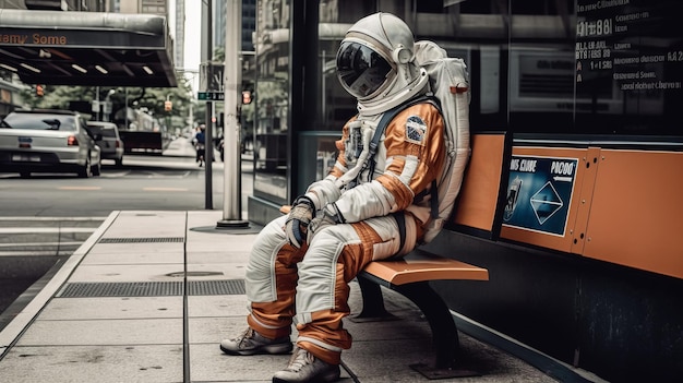 Astronaut Kosmonaut sitzt an der Bushaltestelle Generative KI