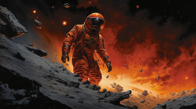 Astronaut läuft auf einer felsigen Oberfläche mit einem roten Himmel im Hintergrund, generative KI