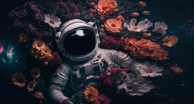 Astronaut legt sich in Blumen Generative KI