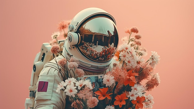 Astronaut mit Blumenstrauß auf einem einfachen Hintergrund