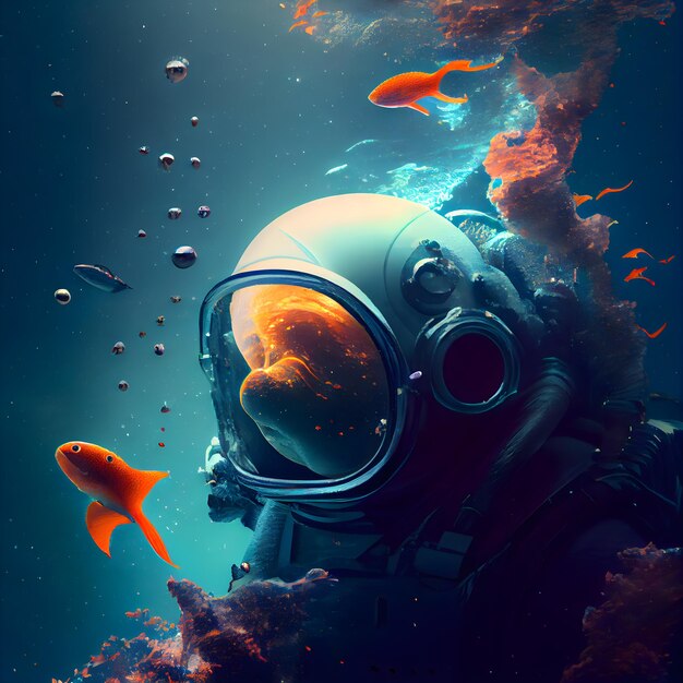 Astronaut mit gelbem Fisch in der Unterwasserwelt 3D-Rendering