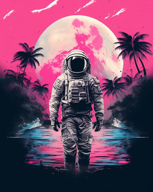 Astronaut mit Palmen in rosa Farben