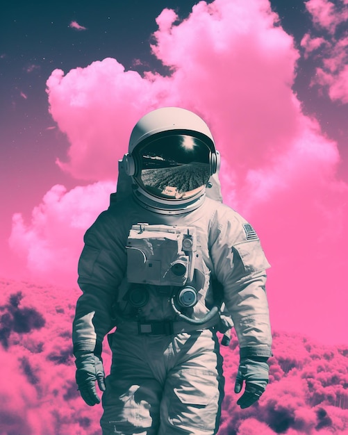 Astronaut mit Palmen in rosa Farben