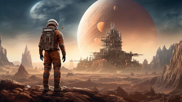 Astronaut_on_mars_the_red_planetLandscape HD 8K Wallpaper Stock Fotobild