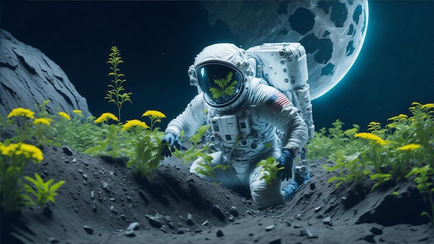 Astronaut pflanzt Bäume im Mond