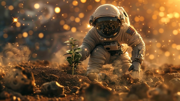 Astronaut pflanzt einen Baum im Weltraum