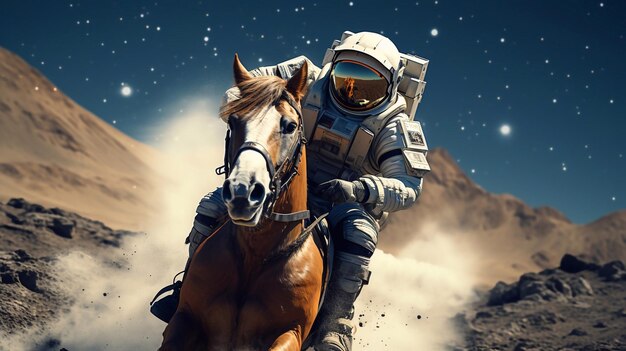 Foto astronaut reitet auf einem pferd in der wüste 3d-rendering eines mannes, der im wüste reitet mit sternen im hintergrund generative ki
