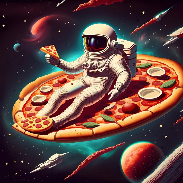 Astronaut reitet auf einer Pizza