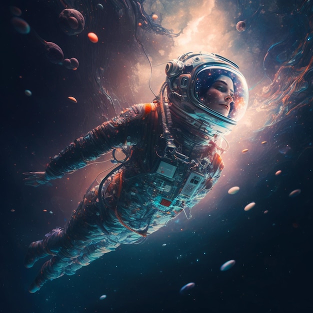 Astronaut schwebt im Weltraum mit vielen Quallen generative ai