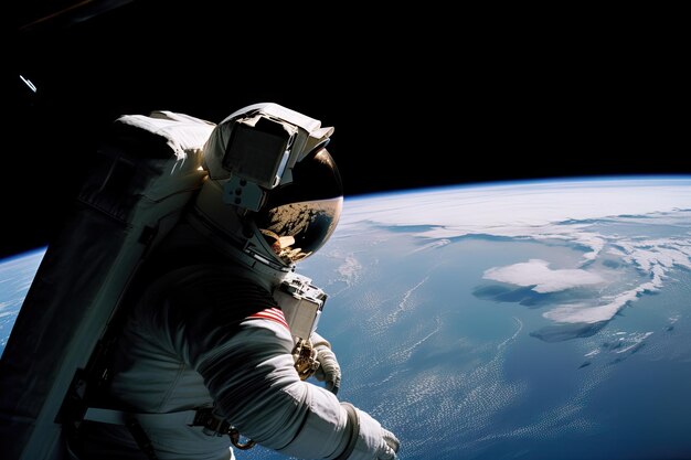 Astronaut schwebt schwerelos im Weltraum und genießt den Blick auf die Erde unter sich