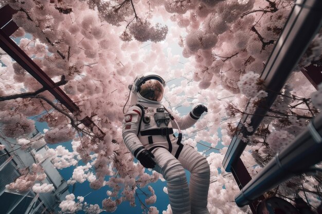 Astronaut schwebt zwischen Kirschblüten in einer futuristischen Gartenumgebung