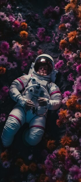 Astronaut schwebt zwischen lebendigen Blumen im Weltraum