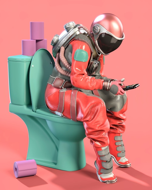 Astronaut sitzt auf der Toilette mit Telefon in der Hand. Rosa Hintergrund. 3D-Darstellung