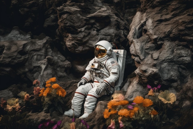 Astronaut sitzt auf einem Felsen, umgeben von Blumen und Grün