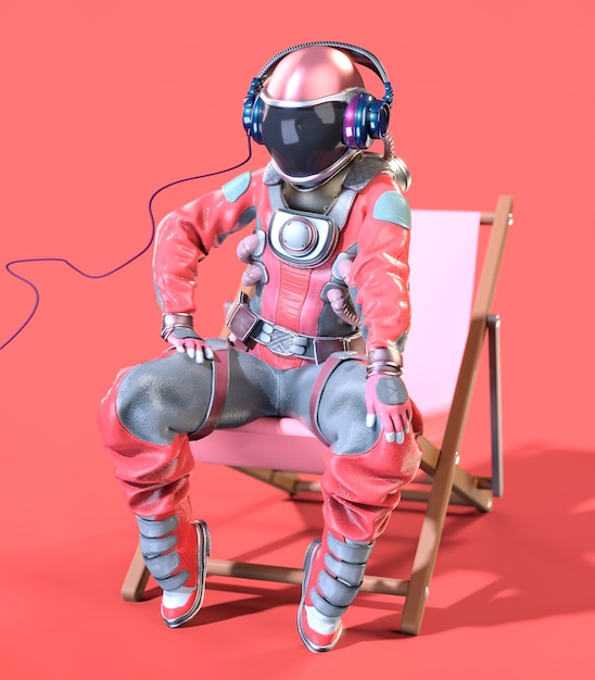 Astronaut sitzt auf einem Liegestuhl, rosa Hintergrund. 3D-Darstellung