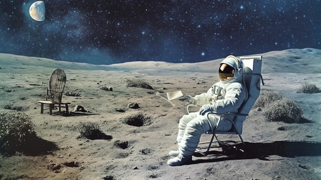 Astronaut sitzt auf einem Stuhl auf dem Mond mit einem Stuhl im Hintergrund