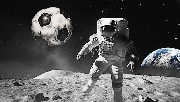 Astronaut spielt Fußball auf dem Mond mit der Erde im Hintergrund