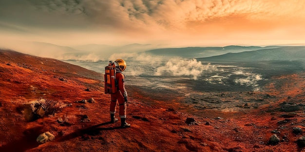 Astronaut steht auf der Marsoberfläche und fängt die karge Landschaft und die rötlichen Farbtöne des Planetenbodens ein. Generative KI